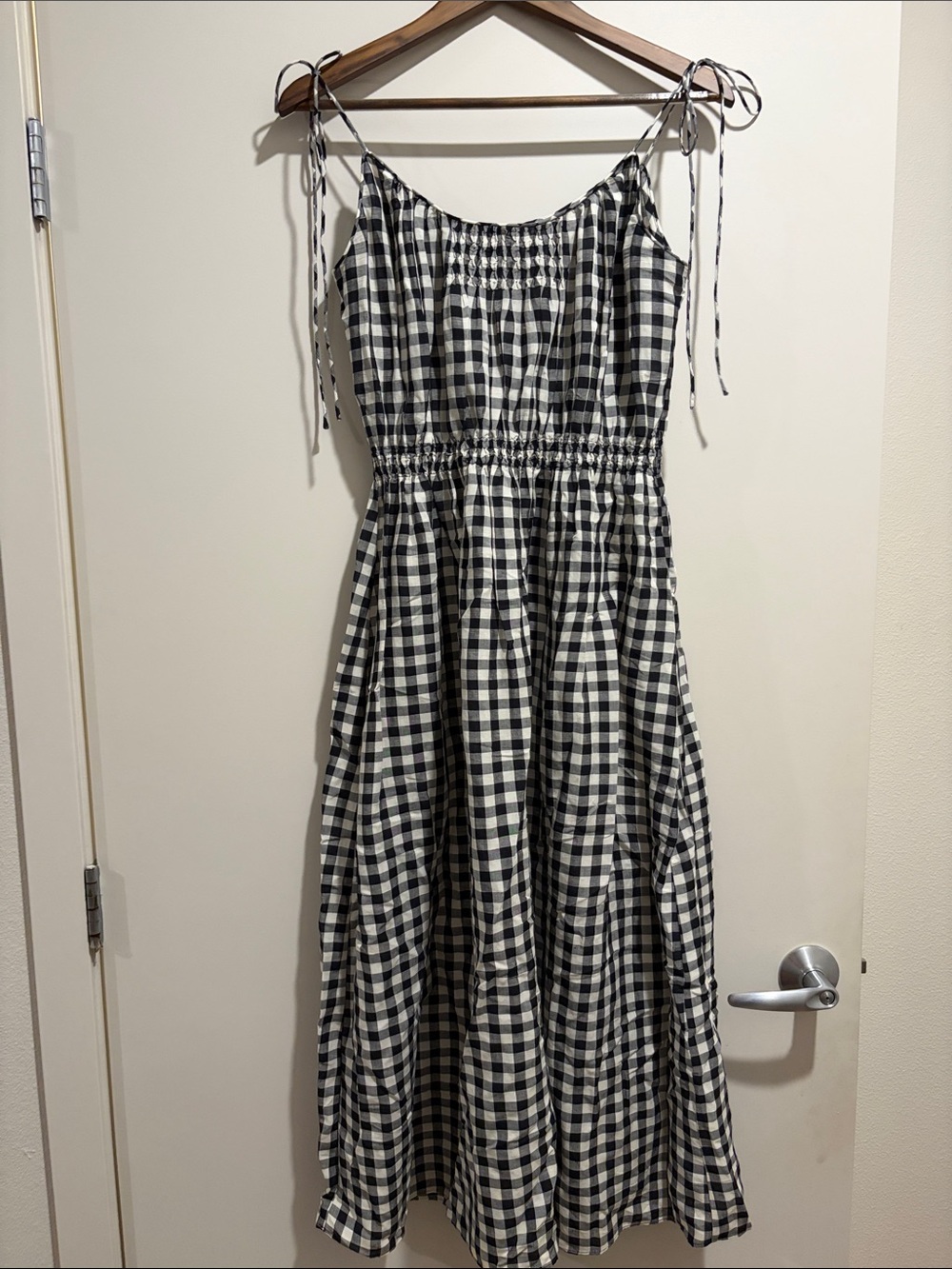 Doen Black and White Gingham Tie-Strap Midi Dress